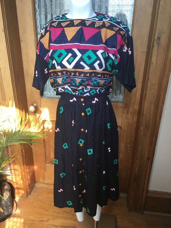 Vintage 1980's Two Piece Abstract Top and Skirt Se