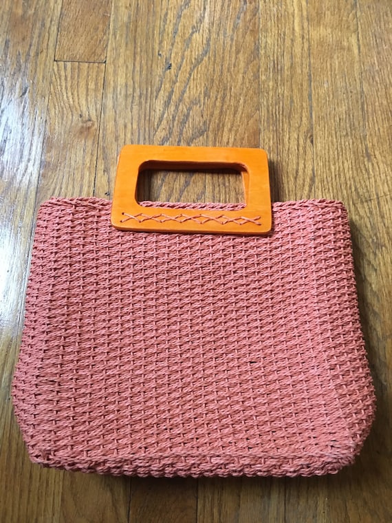Vintage Orange Square Woven Purse With Wooden Handle - Etsy