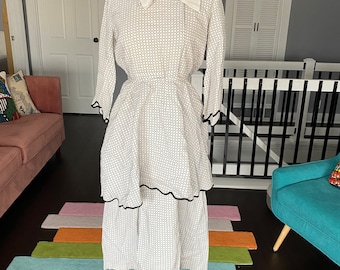 Vintage antique black and white grid pattern cotton dress with peplum and scalloped edges, size medium