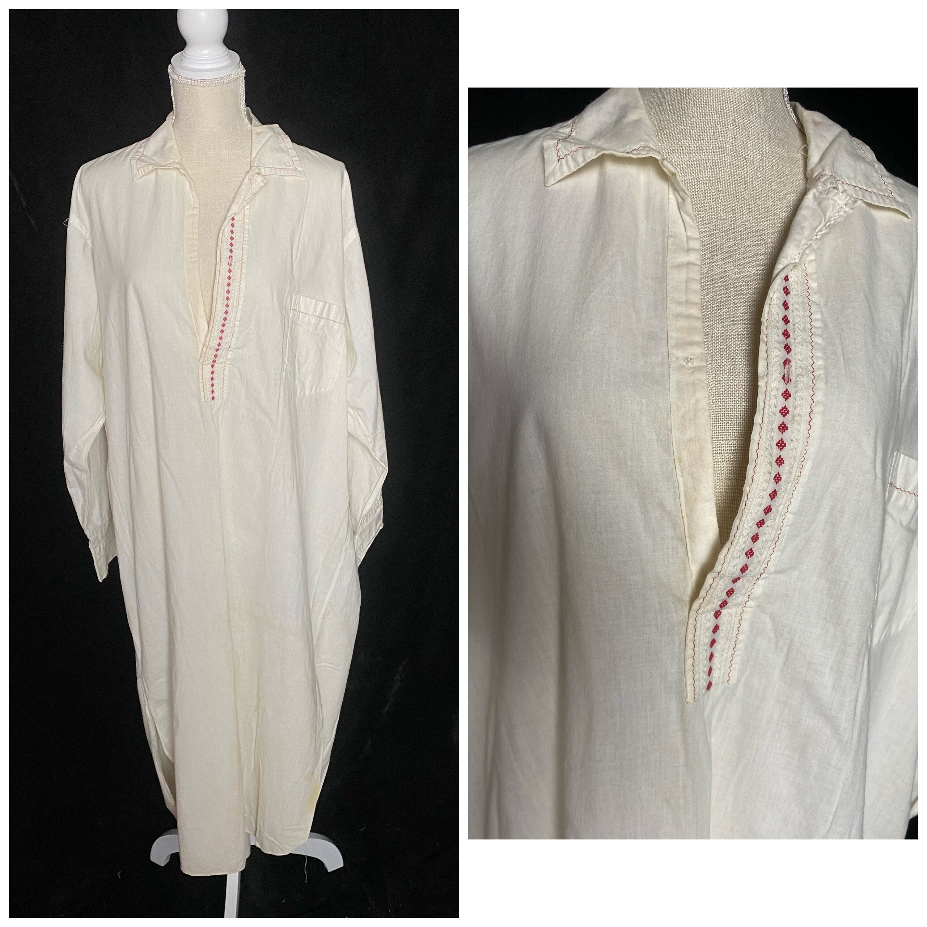 Antique Vintage White Cotton Mens Night Shirt, Night Gown With Red  Embroidery, Late 1800s Universal Tag - Etsy | Nachthemden