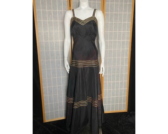 Vintage 1940’s black taffeta gown with metallic gold stripes, size small