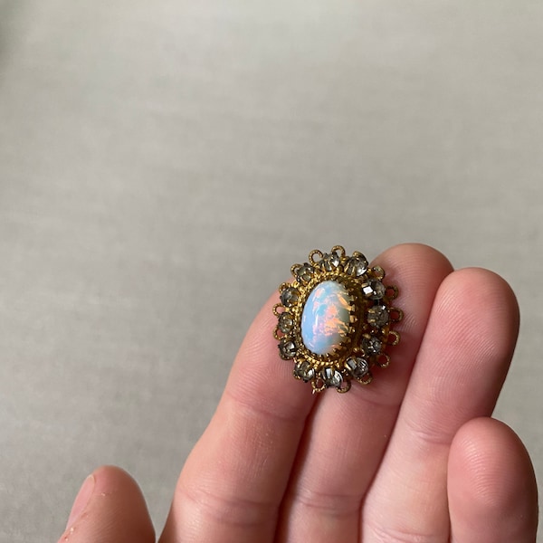 Vintage 1950's Gold And Rhinestone ANd A Blue opalescent Stone