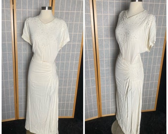 Vintage 1940’s white crepe gown dress with silver beading, size large