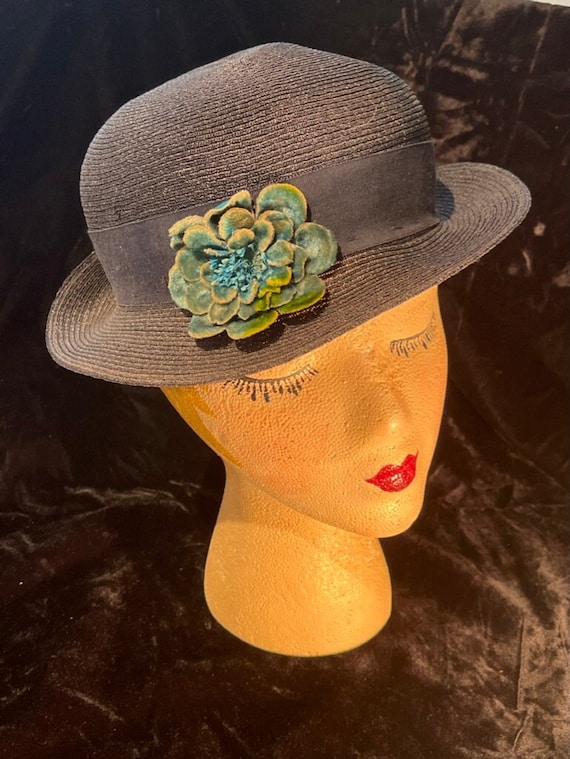 Vintage woven blue womens ribbon and button fedora s-l400.jpg main image 2