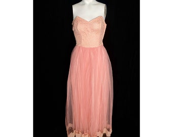 Vintage 1950's Pink Tulle and Lace Strapless Party Dress, Size XS