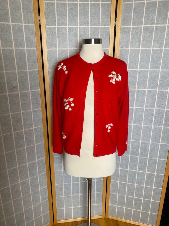 Vintage 1950’s red wool cardigan with white embroi