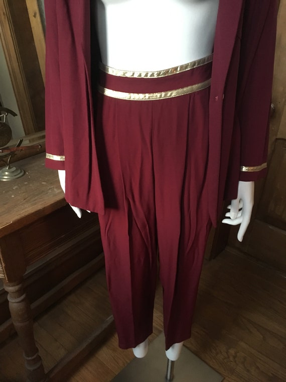 Vintage 1980's Two-Piece Burgundy and gold Suit, … - image 4