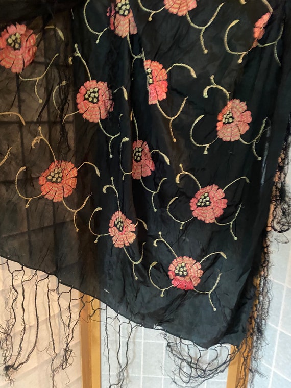 Antique 1920's black silk scarf Piano shawl with … - image 2