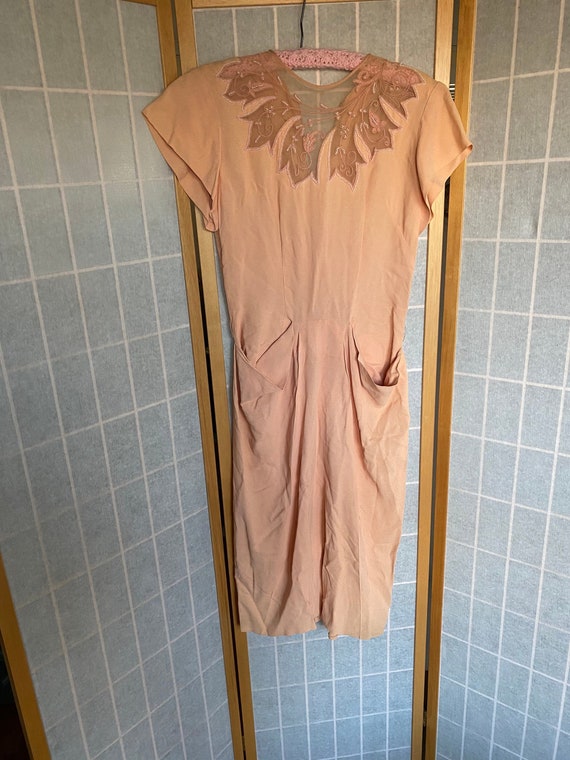 Vintage 1940's Peach Crepe Dress with Sheer and Be