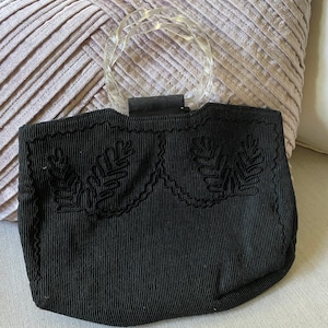 Vintage 1940 s Black Corde Purse With Clear Plastic Handles