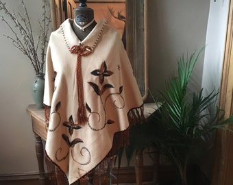 Vintage 1970's Tan Wool and Orange Poncho, open size