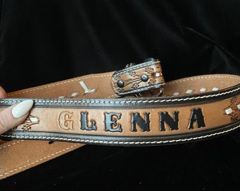 Vintage 1980's Tooled Brown Leather Glenna Belt, size 34