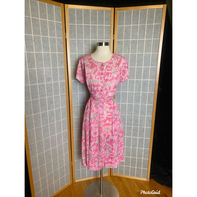 Vintage 1950’s pink floral shops jersey knit dress with matching belt, size medium large
