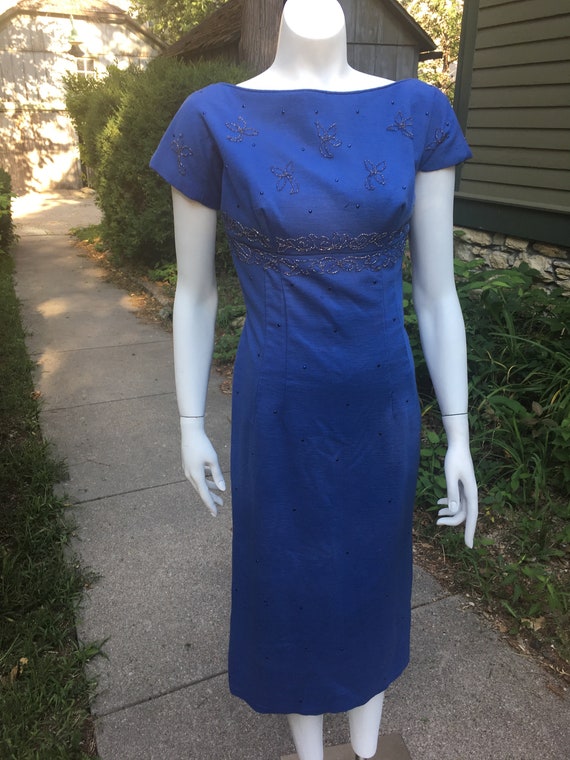 Vintage 1950's Blue Wool Beaded Wiggle Dress, siz… - image 1