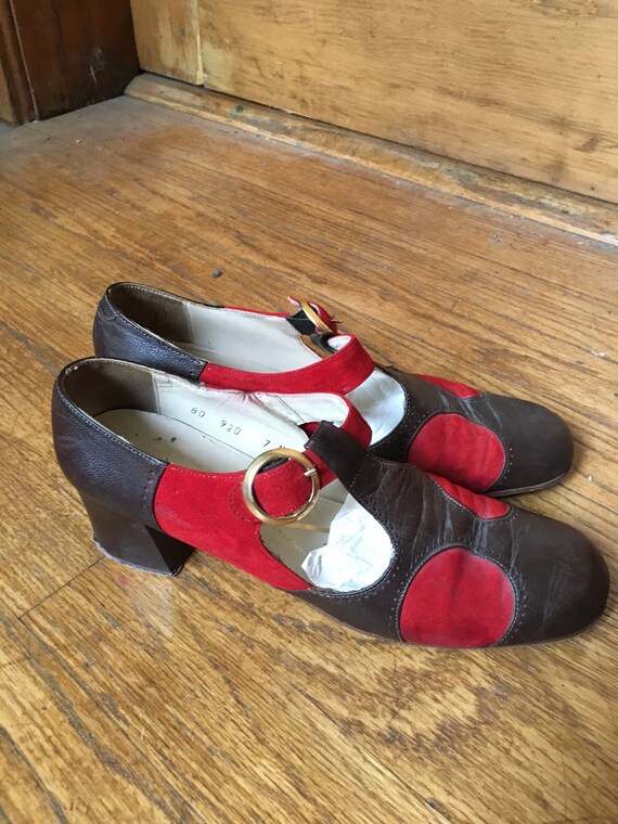 Vintage 1940's Brown Leather and Red Suede Heels