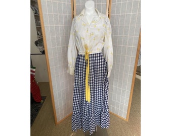 Vintage 1970 gelb und weiß floral, blau Gingham Maxi-Kleid