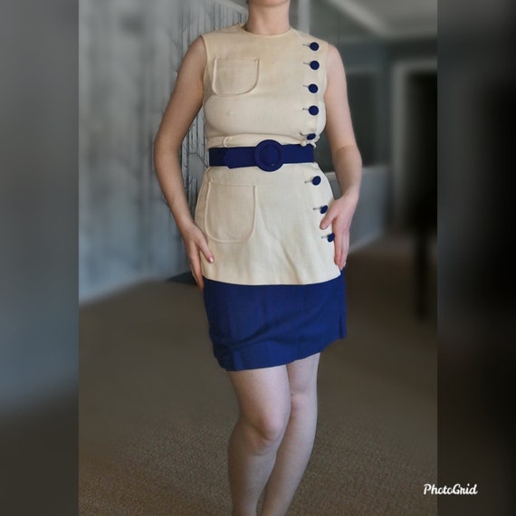 Vintage 1970's Cream And Navy Blue Top, Skirt And… - image 2