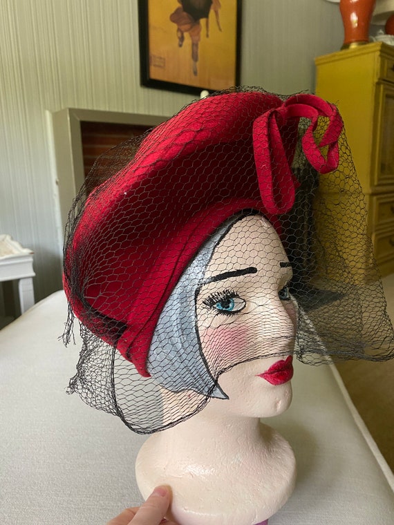 Vintage Antique Red Tall Full Hat With Veil, Halo hat Gem