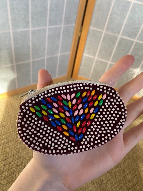 Vintage 1960’s oval rainbow beaded coin purse, po… - image 2