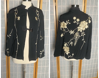 Vintage antique 1920’s black silk asian style jacket with beige cream embroidered flowers, size medium