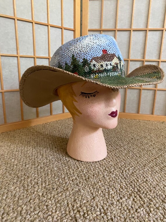 Vintage 1980’s Sun Hat with Hand Painted House and