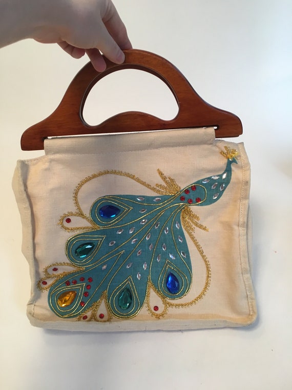 Vintage 1990's Blue Peacock Canvas Bag Purse with… - image 2