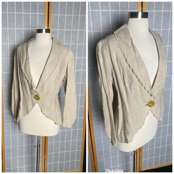 Vintage 1910’s beige linen embroidered blazer, si… - image 1