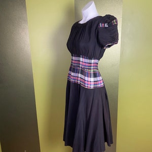 Vintage 1940s black dress with colorful plaid waist and puffy sleeves, size xs small image 6