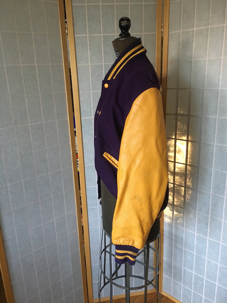 Vintage 1960/'s Purple and Yellow Leather and Wool Letterman Jacket Battle Creek Braves
