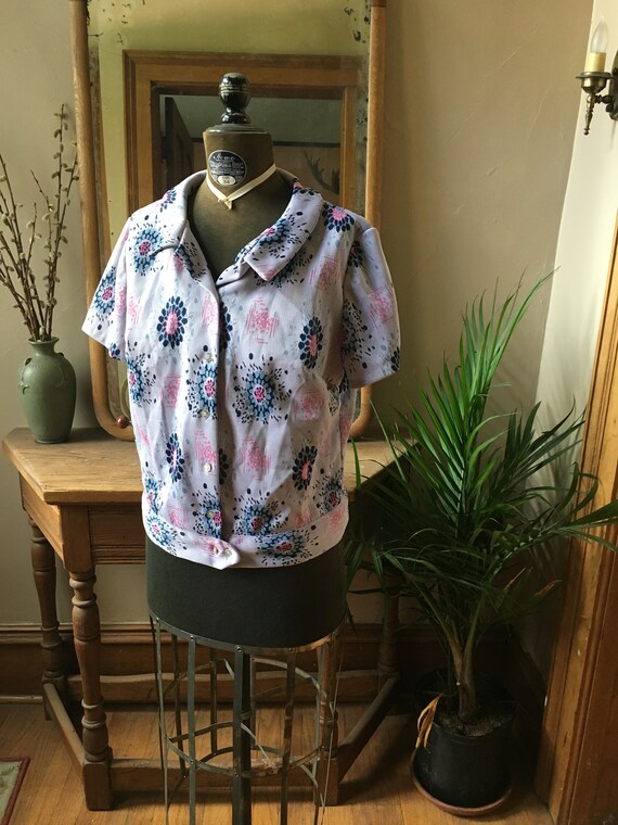 Vintage Purple Floral Polyester 1970's Top