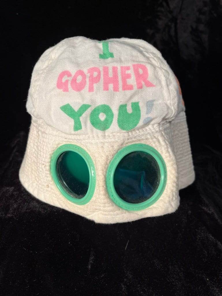 Vintage 1970s childs bucket hat with built-in green shades and 'I gopher  you!' on front