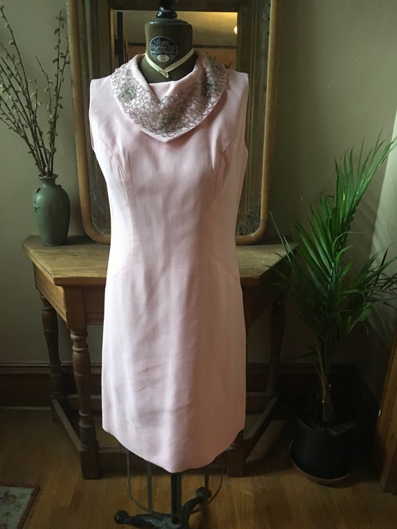 Vintage 1960's Pale Pink Cocktail Dress with Heav… - image 1