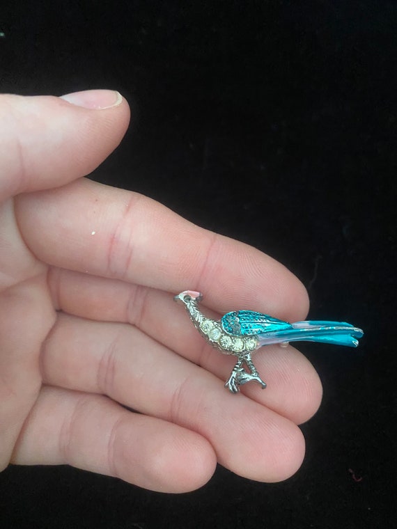 Vintage 1950’s silver and blue bird brooch - image 2