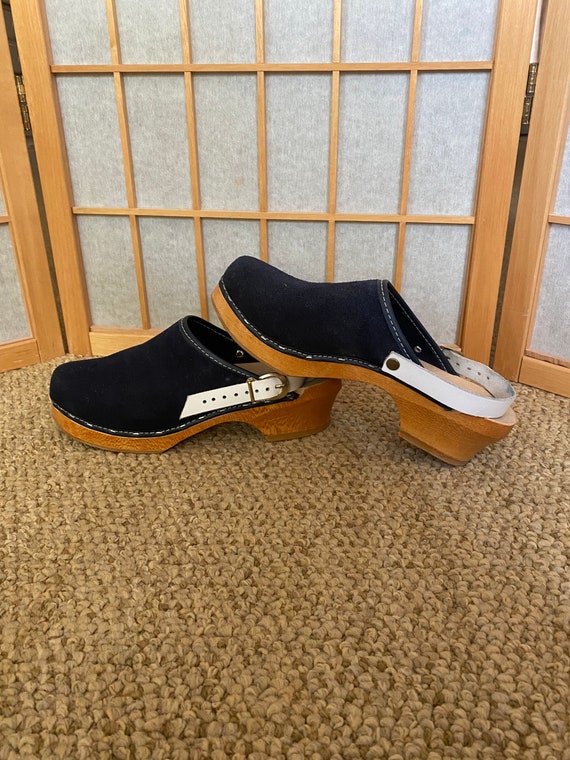 Vintage 1970’s blue suede wooden heel clog mules, 
