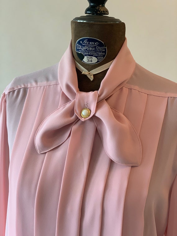 Vintage 1980s pink blouse with pintucks and bow - image 9