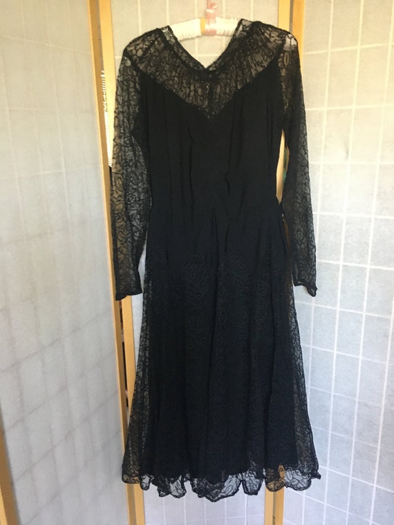 Vintage 1930's Black Lace Long Sleeve Sheer Dress,