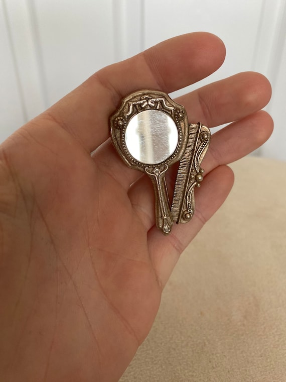 Vintage 1990’s silver mirror and comb brooch pin - image 2