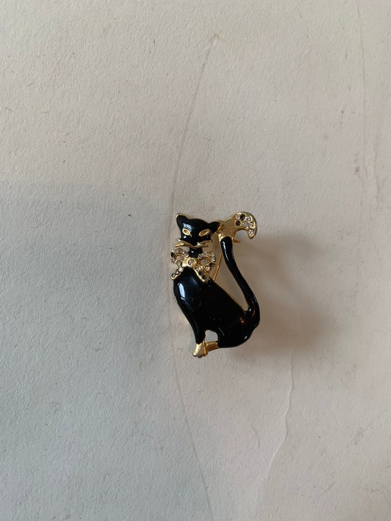 Vintage 1960's Gold Black Rhinestone Kitty Cat Pi… - image 1