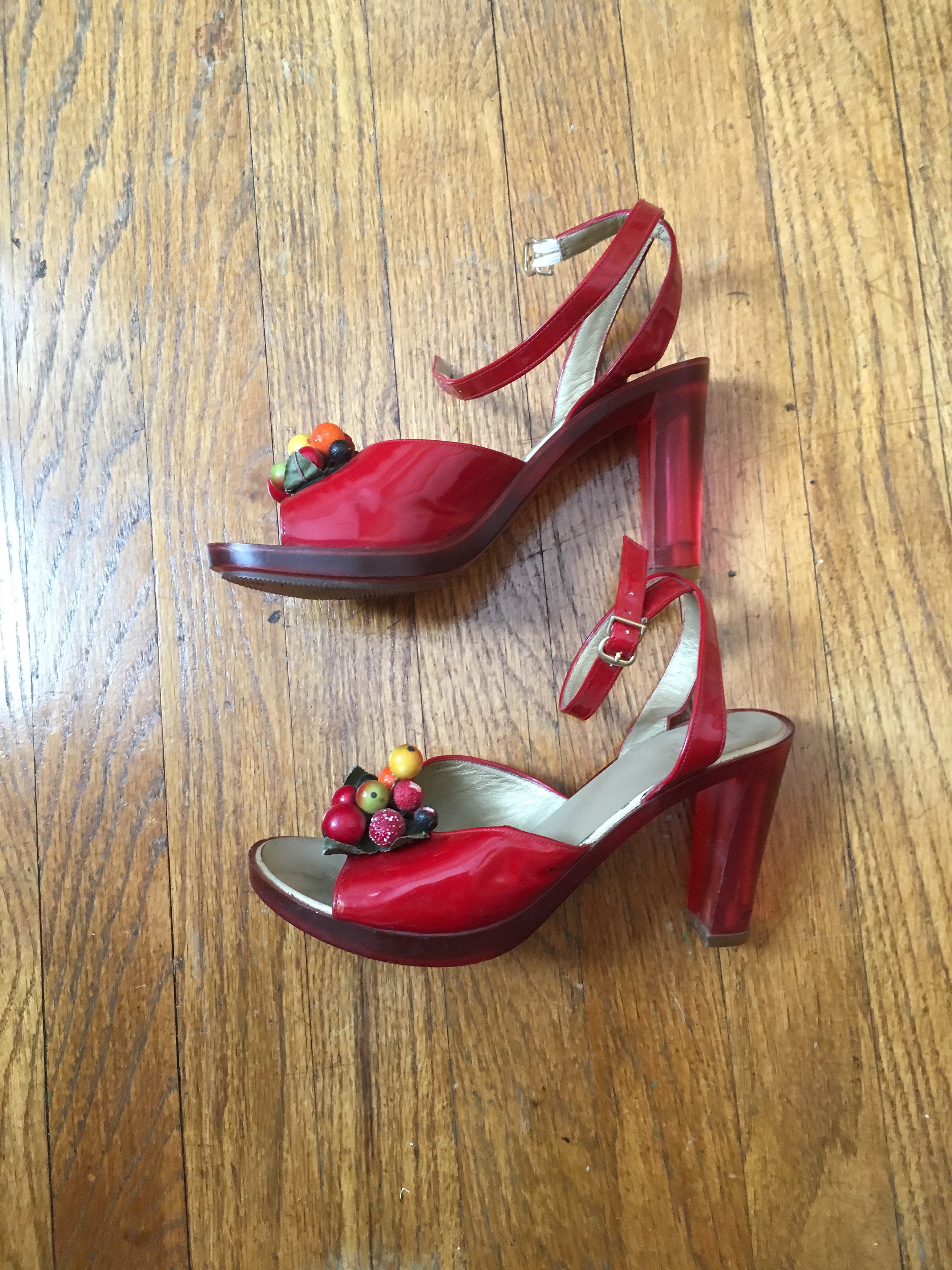 Cherry Red Heels by CARESSA size 7.5 Marilyn Monroe Style High Heel Holiday  Pumps Gold Bow Trim at Toe 1980s Womens Pumps Womens High Heels