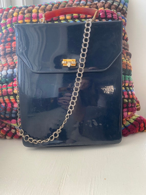 Vintage 1960’s navy blue vinyl tall skinny handbag