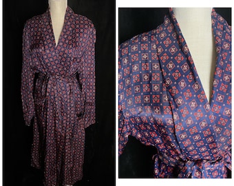 Vintage 1950’s blue and red square pattern mens silky robe, smoking robe