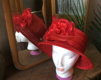 Vintage Red Sun / Derby Hat with Big Flower