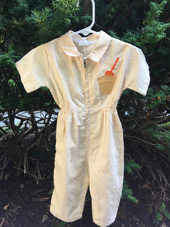 Vintage Yellow Seersucker Baby Onsie - image 1