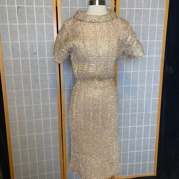 Vintage 1960’s gold metallic knit ribbon dress, size medium