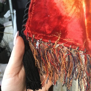 Vintage Antique Orange Tie Dye Velvet Velour Fringe Black Rope Purse, Handbag image 3