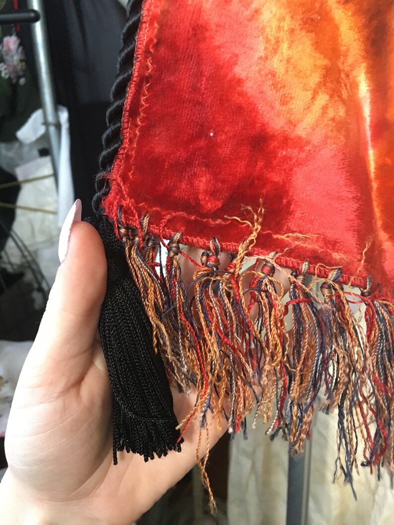 Vintage Antique Orange Tie Dye Velvet Velour Fringe Black Rope Purse, Handbag image 3