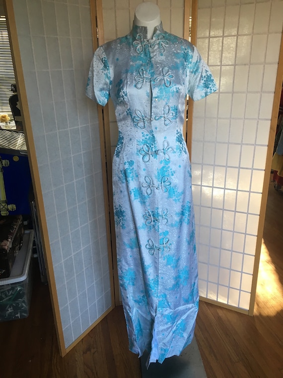 Vintage 1950's Blue and White Long Cheongsam Dres… - image 1