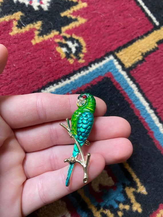 Vintage 1950’s blue and green parrot brooch with … - image 3