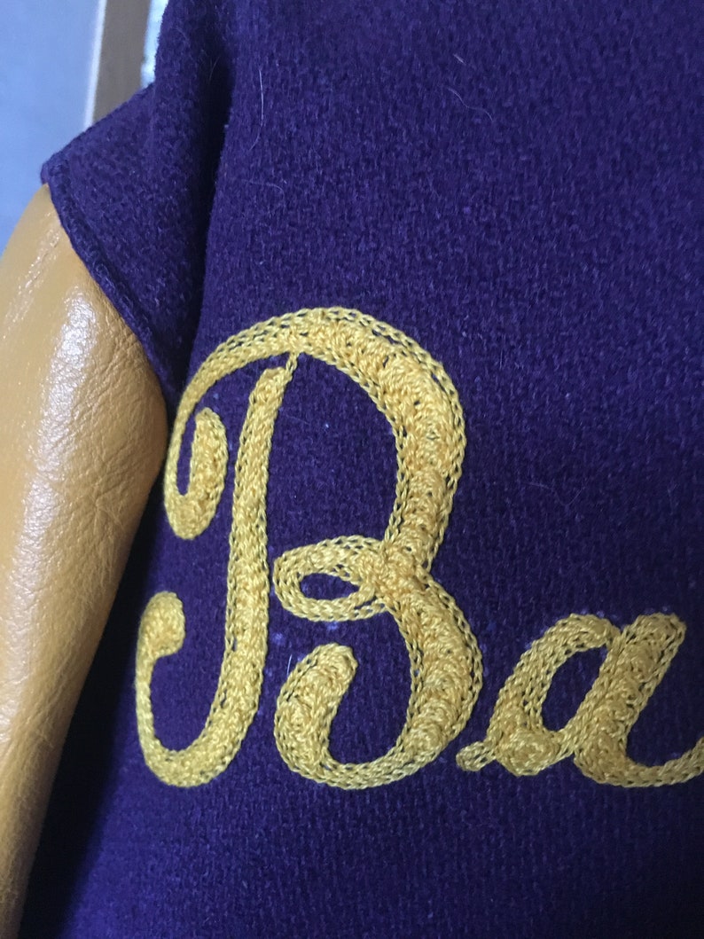 Vintage 1960/'s Purple and Yellow Leather and Wool Letterman Jacket Battle Creek Braves