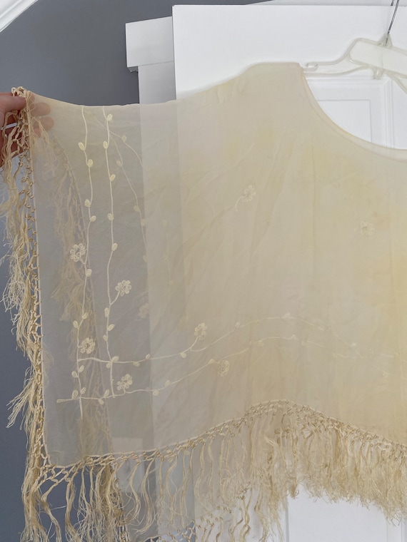 Vintage antique 1920’s sheer cream fringe shawl b… - image 8